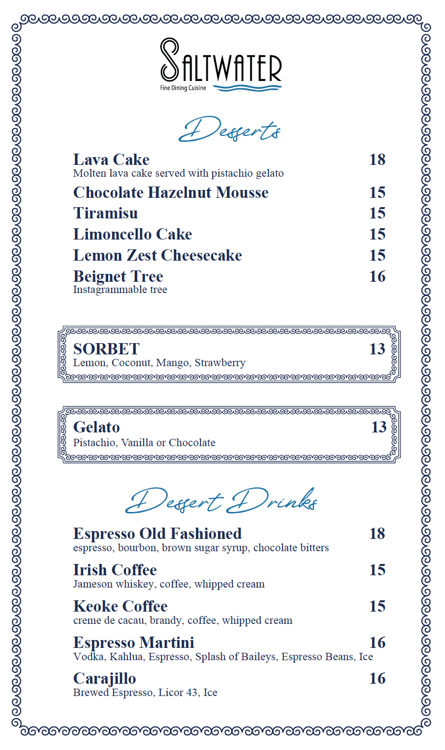 Dessert Menu